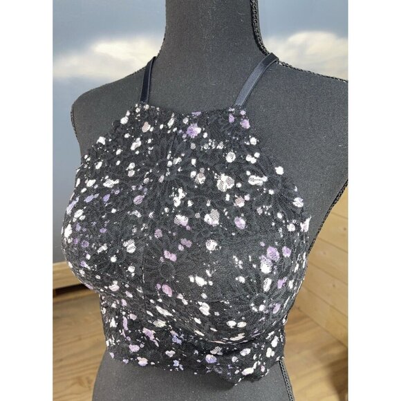 Victoria Secret PINK Bralette Bra Medium Push Up Blue Navy High Neck Halter Lace - Picture 1 of 14